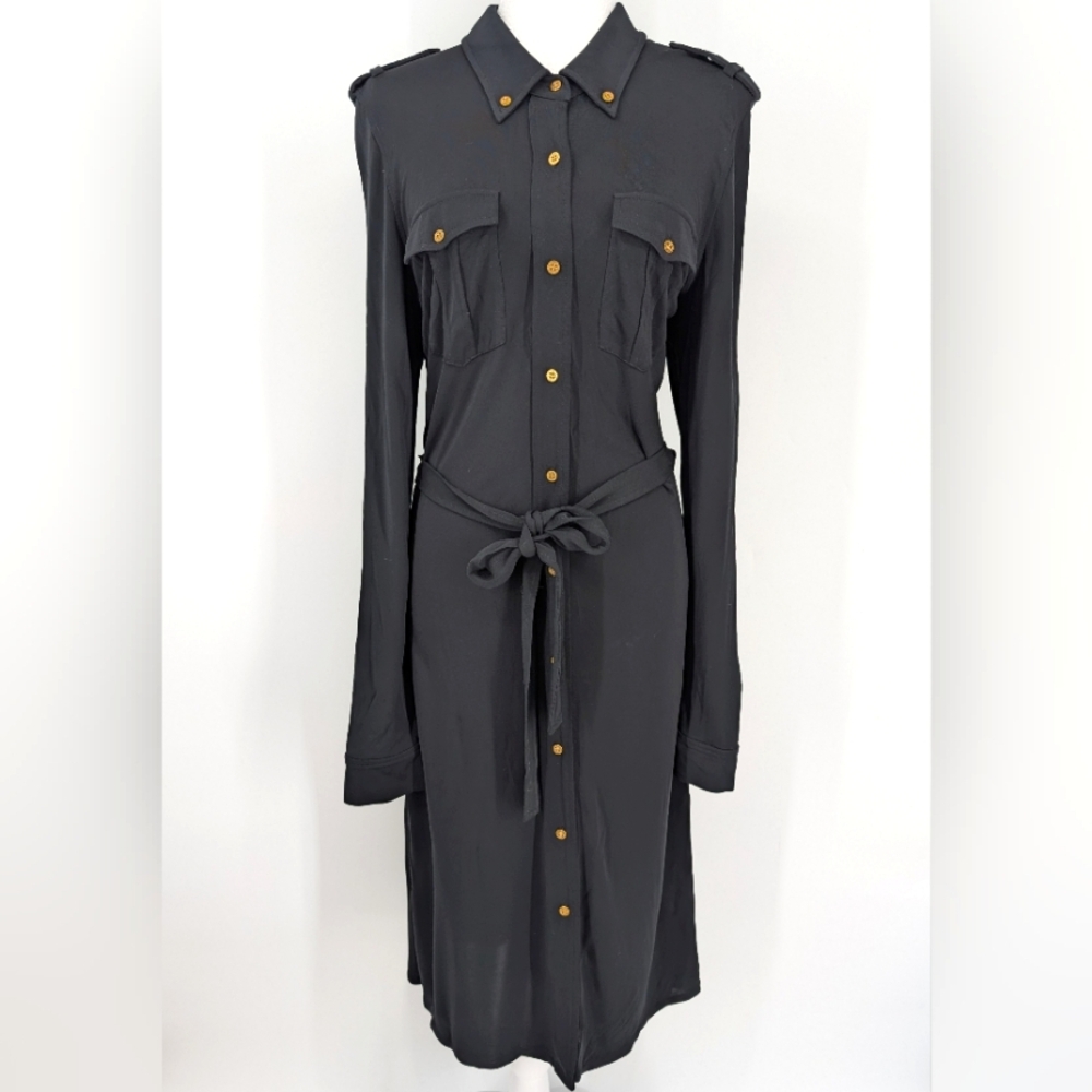 Tory Burch Black Gold Button-Up Long Sleeve Collared Midi Shirt Dress Medium